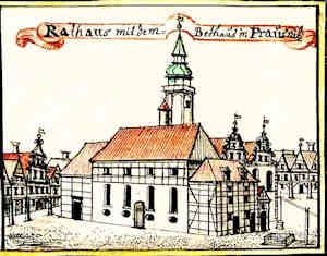 Rathaus mit dem Bethaus in Prausnitz - Ratusz i zbr, widok oglny
